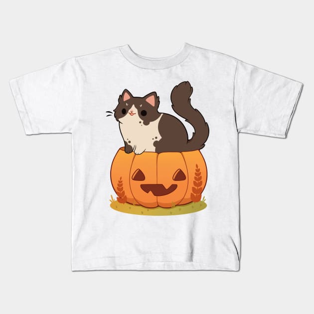 Pumpkin tuxedo cat Kids T-Shirt by Rihnlin